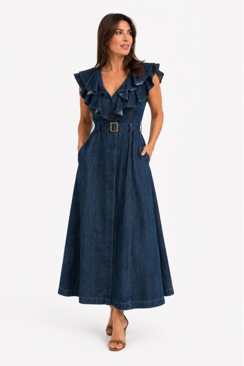 Vestido Largo Vaquero con Volantes